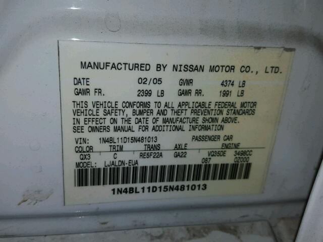 1N4BL11D15N481013 - 2005 NISSAN ALTIMA SE WHITE photo 10