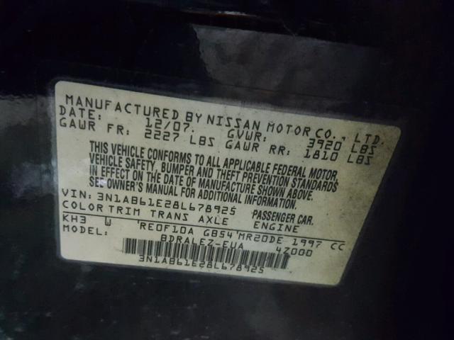 3N1AB61E28L678925 - 2008 NISSAN SENTRA 2.0 BLACK photo 10