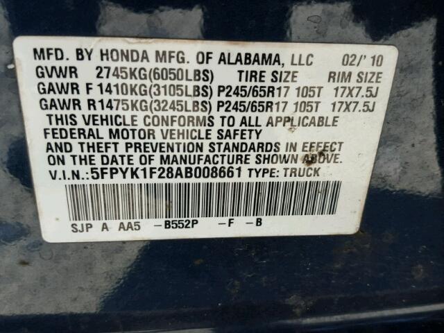 5FPYK1F28AB008661 - 2010 HONDA RIDGELINE BLUE photo 10