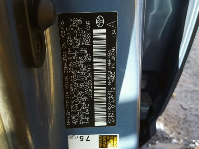 JTDKB20U263171857 - 2006 TOYOTA PRIUS BLUE photo 10