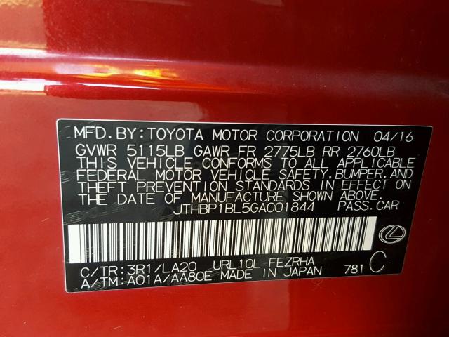 JTHBP1BL5GA001844 - 2016 LEXUS GS-F RED photo 10