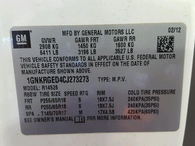 1GNKRGED4CJ273273 - 2012 CHEVROLET TRAVERSE L WHITE photo 10