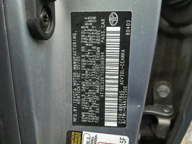 4T1BE32K15U606994 - 2005 TOYOTA CAMRY LE 灰色 照片 10