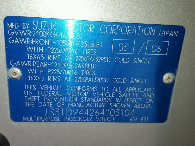 JS3TD944264103104 - 2006 SUZUKI GRAND VITA SILVER photo 10