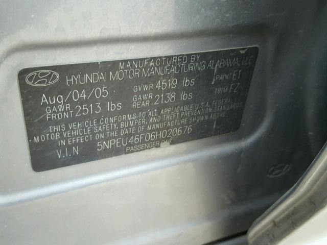 5NPEU46F06H020676 - 2006 HYUNDAI SONATA GLS SILVER photo 10