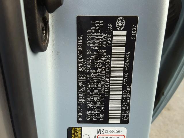 4T1BE46K07U708905 - 2007 TOYOTA CAMRY NEW BLUE photo 10