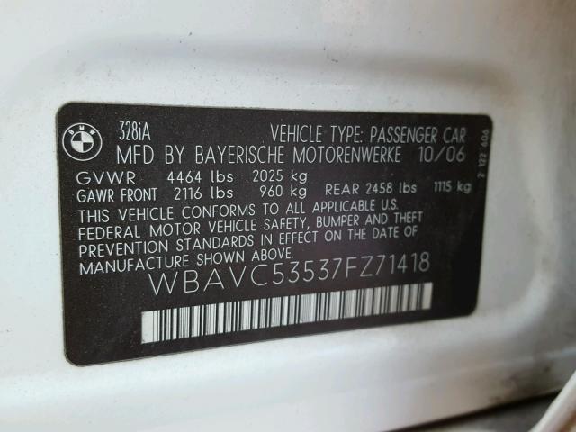 WBAVC53537FZ71418 - 2007 BMW 328 I SULE WHITE photo 10