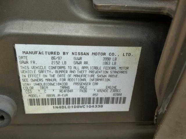 1N4DL01D8WC104338 - 1998 NISSAN ALTIMA XE TAN photo 10