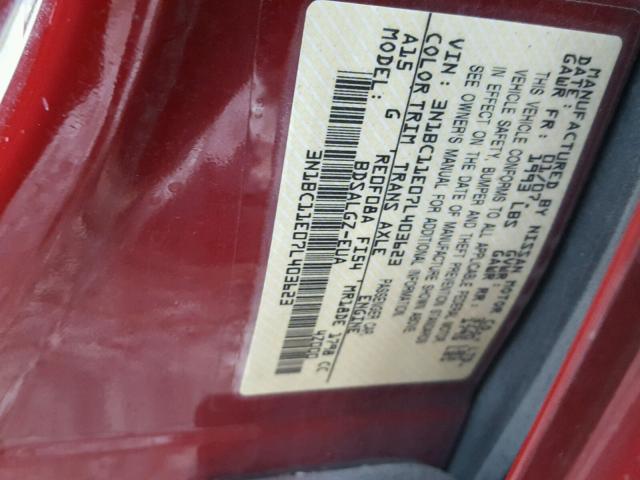 3N1BC11E07L403623 - 2007 NISSAN VERSA S RED photo 10