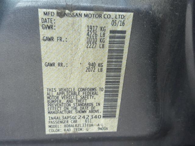 1N4AL3AP5GC242340 - 2016 NISSAN ALTIMA 2.5 GRAY photo 10