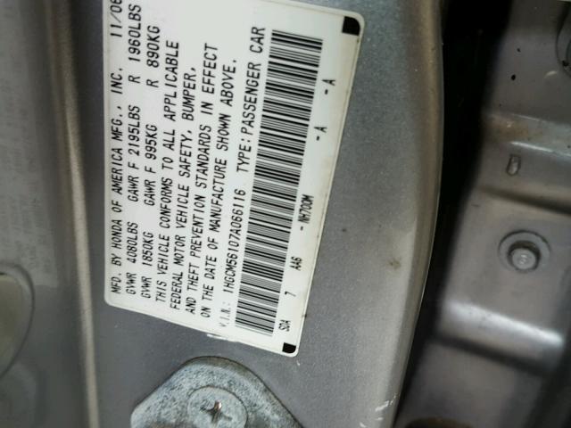 1HGCM56107A066116 - 2007 HONDA ACCORD VAL SILVER photo 10