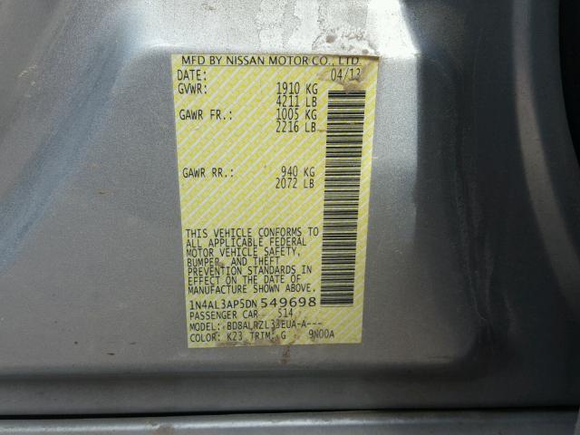 1N4AL3AP5DN549698 - 2013 NISSAN ALTIMA 2.5 SILVER photo 10