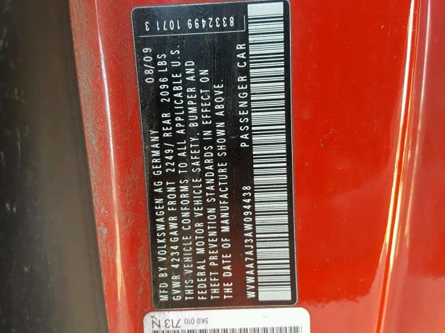WVWAA7AJ3AW094438 - 2010 VOLKSWAGEN GOLF 红色 照片 10