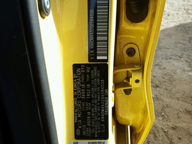 KNADM4A32G6584038 - 2016 KIA RIO LX YELLOW photo 10