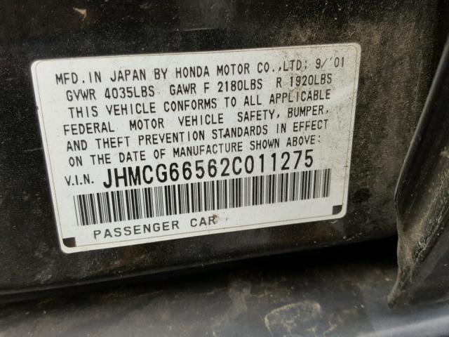 JHMCG66562C011275 - 2002 HONDA ACCORD LX BLACK photo 10