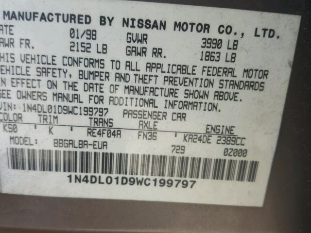 1N4DL01D9WC199797 - 1998 NISSAN ALTIMA XE BROWN photo 10