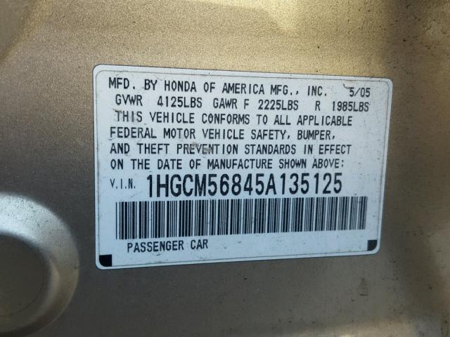 1HGCM56845A135125 - 2005 HONDA ACCORD EX GOLD photo 10