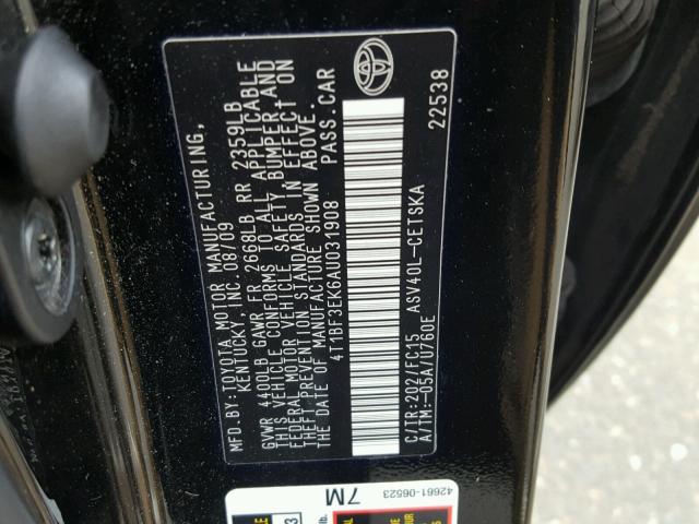 4T1BF3EK6AU031908 - 2010 TOYOTA CAMRY BASE BLACK photo 10