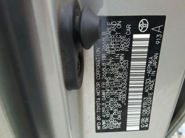 JTDBE32K840267533 - 2004 TOYOTA CAMRY LE ვერცხლისფერი ფოტო 10