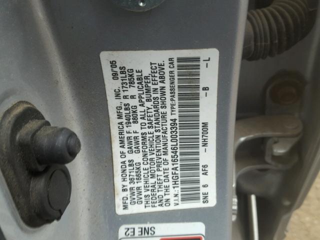 1HGFA16546L003394 - 2006 HONDA CIVIC LX GRAY photo 10