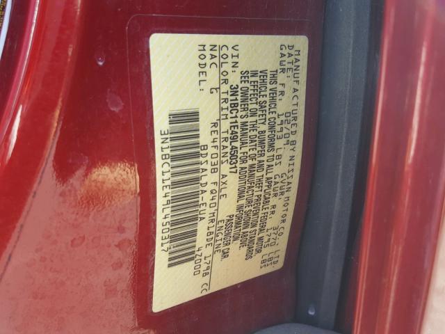 3N1BC11E49L450317 - 2009 NISSAN VERSA S RED photo 10