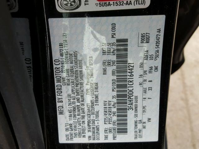 3FAHP0DC1CR164421 - 2012 FORD FUSION SPO BLACK photo 10