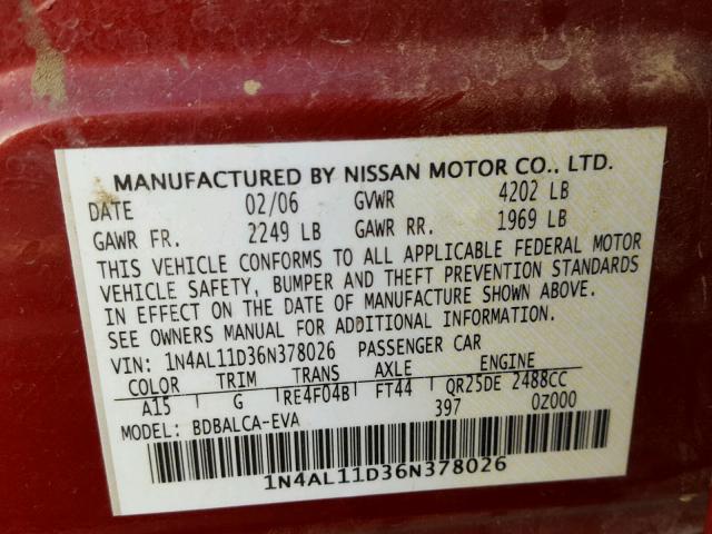 1N4AL11D36N378026 - 2006 NISSAN ALTIMA S BURGUNDY photo 10