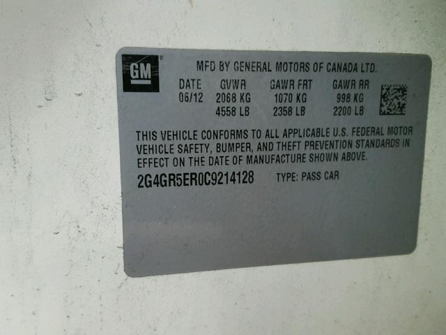 2G4GR5ER0C9214128 - 2012 BUICK REGAL WHITE photo 10