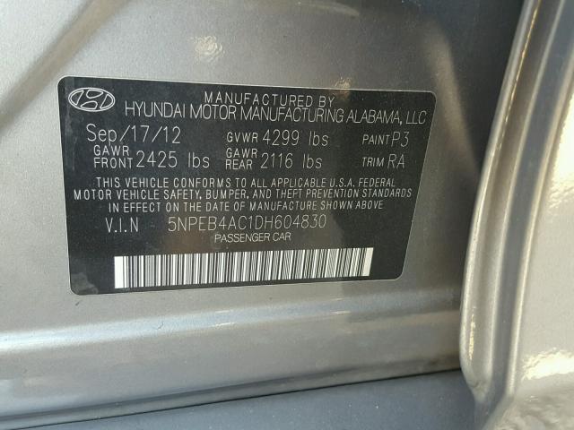 5NPEB4AC1DH604830 - 2013 HYUNDAI SONATA GLS CHARCOAL photo 10