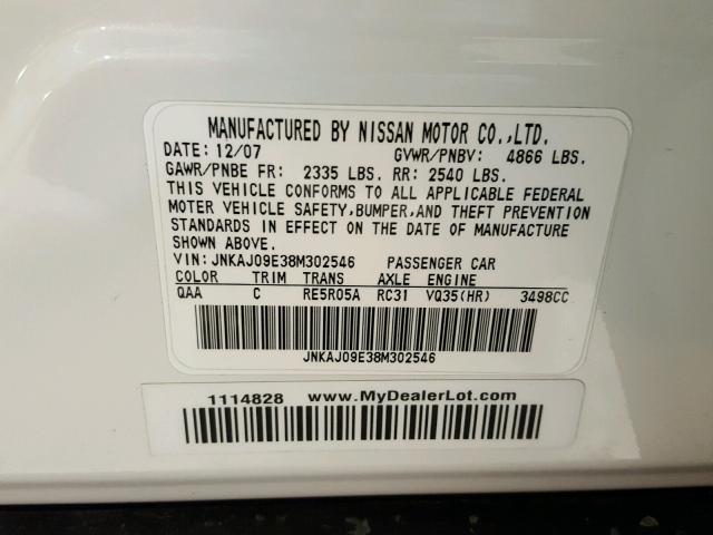 JNKAJ09E38M302546 - 2008 INFINITI EX35 BASE WHITE photo 10