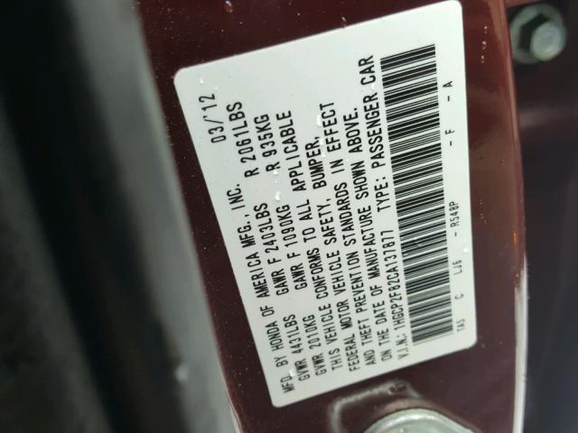 1HGCP2F82CA137877 - 2012 HONDA ACCORD EXL Tünd qırmızı foto 10