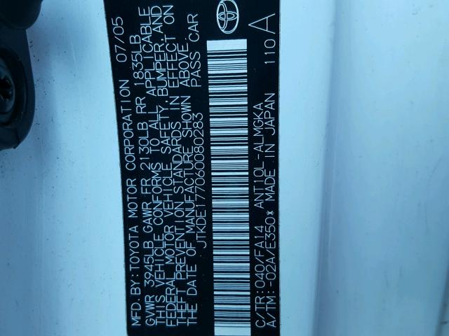 JTKDE177060080283 - 2006 TOYOTA SCION TC 白色 照片 10