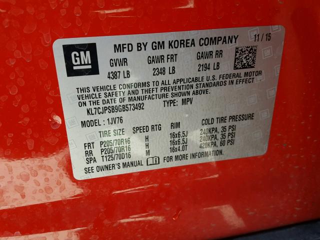 KL7CJPSB9GB573492 - 2016 CHEVROLET TRAX 1LT RED photo 10