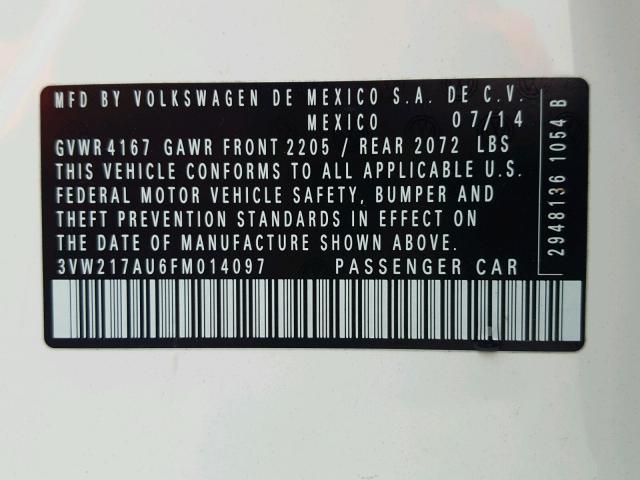 3VW217AU6FM014097 - 2015 VOLKSWAGEN GOLF WHITE photo 10