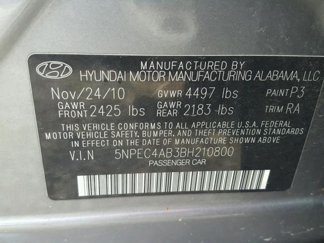 5NPEC4AB3BH210800 - 2011 HYUNDAI SONATA SE GRAY photo 10