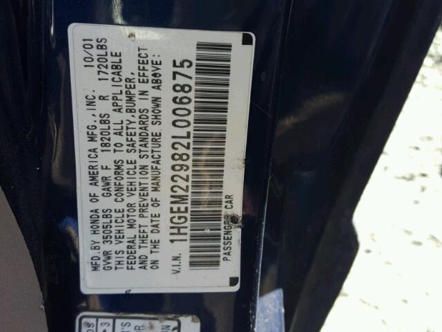1HGEM22982L006875 - 2002 HONDA CIVIC EX 蓝色 照片 10