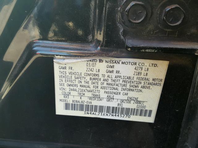 1N4AL21EX7N445270 - 2007 NISSAN ALTIMA 2.5 BLACK photo 10