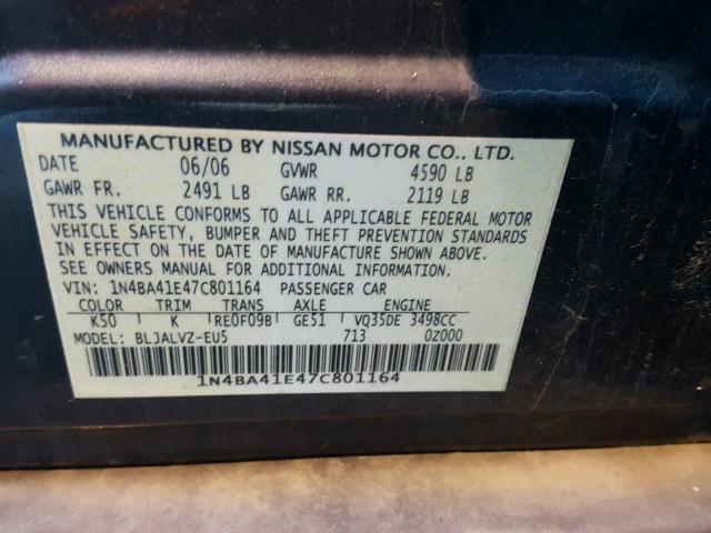 1N4BA41E47C801164 - 2007 NISSAN MAXIMA SE GRAY photo 10