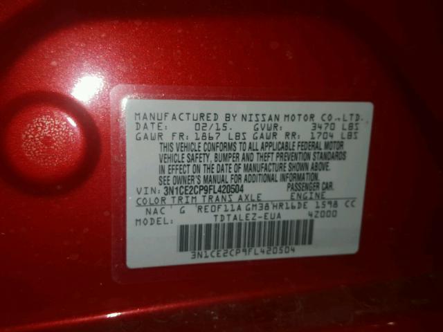 3N1CE2CP9FL420504 - 2015 NISSAN VERSA NOTE RED photo 10