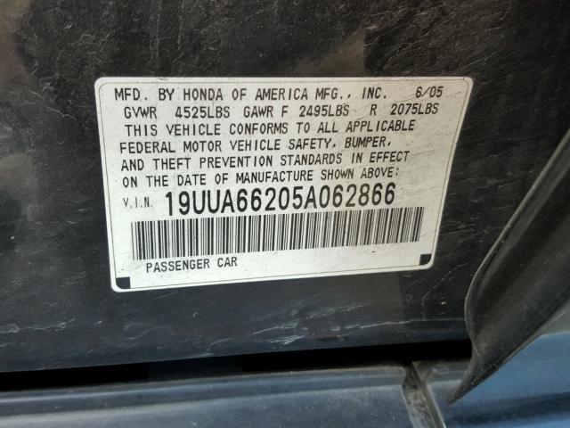 19UUA66205A062866 - 2005 ACURA TL BLACK photo 10