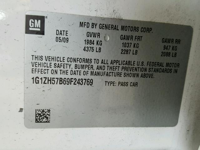 1G1ZH57B69F243769 - 2009 CHEVROLET MALIBU 1LT WHITE photo 10