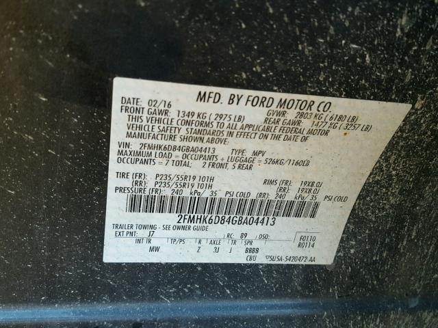 2FMHK6D84GBA04413 - 2016 FORD FLEX LIMIT SILVER photo 10