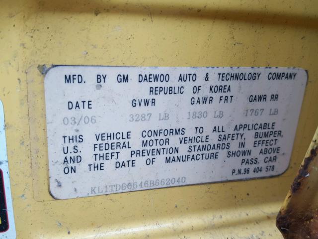 KL1TD66646B662040 - 2006 CHEVROLET AVEO BASE Сары фото 10