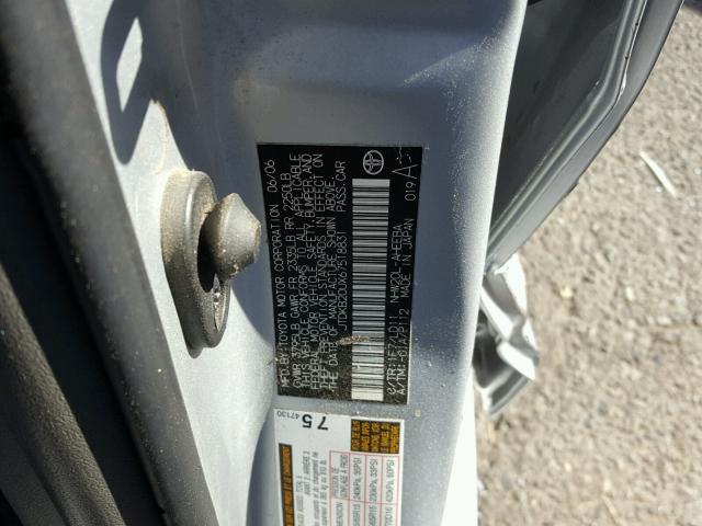 JTDKB20UX67518831 - 2006 TOYOTA PRIUS SILVER photo 10