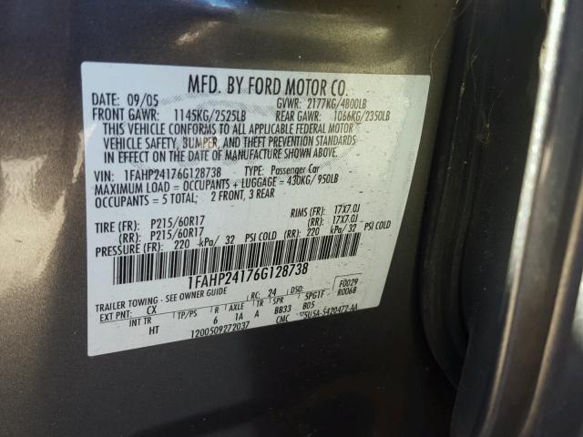 1FAHP24176G128738 - 2006 FORD FIVE HUNDR GRAY photo 10