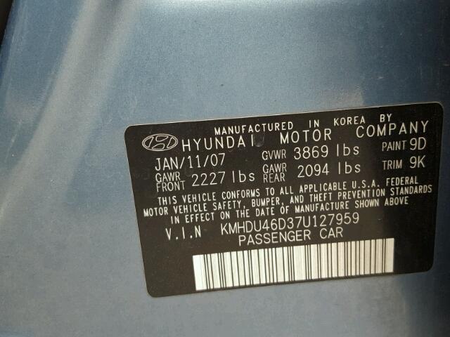 KMHDU46D37U127959 - 2007 HYUNDAI ELANTRA GL BLUE photo 10