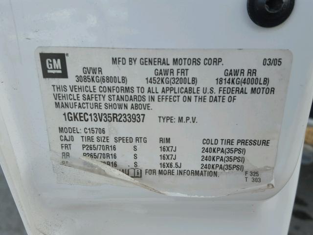 1GKEC13V35R233937 - 2005 GMC YUKON WHITE photo 10