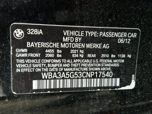 WBA3A5G53CNP17540 - 2012 BMW 328 I BLACK photo 10