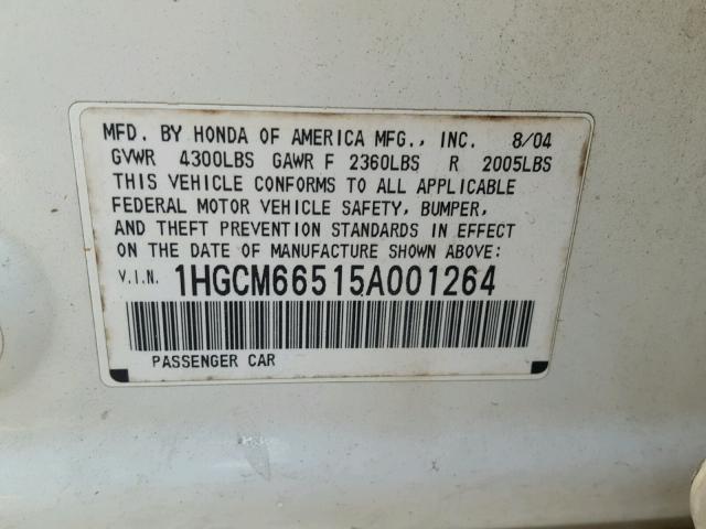 1HGCM66515A001264 - 2005 HONDA ACCORD EX WHITE photo 10