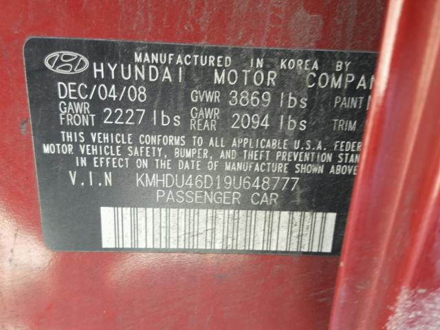 KMHDU46D19U648777 - 2009 HYUNDAI ELANTRA GL RED photo 10